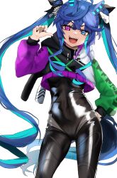Rule 34 | 1girl, :d, @ @, ahoge, animal ears, animal hood, aqua hair, black bodysuit, black nails, blue eyes, blue hair, blush, bodysuit, bow, breasts, cropped hoodie, crossed bangs, hair bow, hand on own hip, heterochromia, highres, hood, hoodie, horse ears, horse girl, horse tail, latex, long hair, long sleeves, looking at viewer, medium breasts, multicolored hair, nail polish, open mouth, pink eyes, pointing, pointing at self, rabbit hood, sharp teeth, shiny clothes, simple background, smile, solo, striped, striped bow, tail, teeth, toa510, tongue, twin turbo (umamusume), twintails, two-tone hair, umamusume, underboob, upper teeth only, very long hair, white background