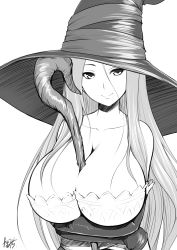 Rule 34 | 1girl, absurdres, between breasts, breasts, crossed arms, dragon&#039;s crown, greyscale, hat, highres, huge breasts, long hair, monochrome, smile, solo, sorceress (dragon&#039;s crown), staff, witch hat, yama-michi