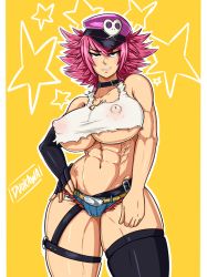 Rule 34 | 1girl, abs, alternate hair length, alternate hairstyle, artist name, belt, black gloves, black thighhighs, blue eyes, blue shorts, breasts, collar, contrapposto, covered erect nipples, crop top, curvy, cutoffs, denim, denim shorts, duo kawa, elbow gloves, final fight, fingerless gloves, gloves, hand on own hip, hat, huge breasts, huge nipples, looking at viewer, micro shorts, midriff, navel, no bra, peaked cap, pink hair, pockets visible, poison (final fight), purple hat, revealing clothes, short hair, shorts, single elbow glove, single fingerless glove, single thighhigh, solo, spiked hair, standing, stomach, street fighter, street fighter v, tank top, thick thighs, thigh strap, thighhighs, thighs, toned, underboob, yellow background