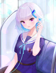 Rule 34 | 1girl, absurdres, alternate hair length, alternate hairstyle, bag on lap, bare arms, belt, blue hair, blunt bangs, blurry, blurry background, blush, breasts, brown bag, brown belt, collarbone, colored inner hair, commentary request, earphones, hair ornament, hand up, highres, indoors, kei-chan (ultimatekeichan), lize helesta, looking at viewer, medium breasts, multicolored hair, nijisanji, open mouth, pleated skirt, purple eyes, purple shirt, purple skirt, ribbon, sailor collar, shirt, short hair, short sleeves, sitting, skirt, smile, solo, sunlight, train, two-tone hair, virtual youtuber