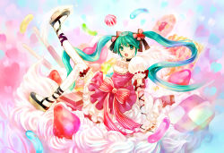 Rule 34 | 1girl, angel wings, angelic! (vocaloid), aqua eyes, aqua hair, cake, candy, checkerboard cookie, chocolate, cookie, cream, crown, dress, elbow gloves, food, food-themed clothes, frills, fruit, gloves, hair ribbon, hatsune miku, jelly bean, long hair, onei-akira, pastry, platform footwear, pocky, ribbon, shoes, solo, strawberry, thighhighs, twintails, very long hair, vocaloid, wings