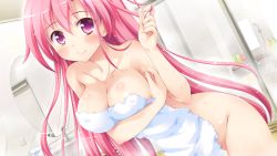 Rule 34 | 1girl, bathroom, blush, breasts, collarbone, completely nude, covered erect nipples, covering privates, dutch angle, game cg, twirling hair, harukaze sensation!, highres, ko~cha, long hair, looking at viewer, mirror, miyatsuki haruka, naked towel, nude, nude cover, pink eyes, pink hair, smile, solo, towel, very long hair, wet