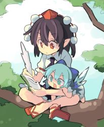 Rule 34 | 2girls, black hair, black necktie, black skirt, blue dress, blue eyes, blue hair, book, bow, cirno, collared shirt, day, dress, geta, hair between eyes, hair bow, hat, highres, ice, ice wings, in tree, indian style, light blue hair, moyazou (kitaguni moyashi seizoujo), multiple girls, necktie, no legwear, open book, open mouth, pointing, pointy ears, quill, red eyes, shaded face, shameimaru aya, shirt, short hair, sitting, sitting in tree, size difference, skirt, tengu-geta, tokin hat, touhou, tree, white shirt, wings, writing