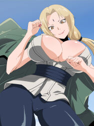 Rule 34 | 1girl, artist request, blonde hair, blue background, breasts, cameltoe, cleavage, cleft of venus, closed mouth, cowboy shot, facial mark, female focus, forehead mark, gradient background, groin, hands up, head tilt, highres, huge breasts, legs, long hair, looking at viewer, nail polish, naruto, naruto (series), simple background, smile, solo, source request, standing, thighs, tsunade (naruto), twintails, yellow eyes