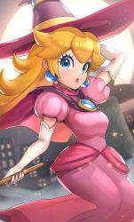 Rule 34 | 1girl, :o, blonde hair, blue eyes, capelet, commentary request, dress, earrings, elbow gloves, gloves, gonzarez, hat, highres, jewelry, lips, long hair, looking at viewer, mario (series), mario kart, mario kart tour, nintendo, pink dress, pink hat, princess peach, princess peach (halloween), solo, sphere earrings, white gloves, witch hat