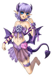 Rule 34 | 1girl, :p, bare shoulders, barefoot, blue eyes, blush, collar, female focus, full body, imp (monster girl encyclopedia), kenkou cross, lowres, monster girl, monster girl encyclopedia, purple hair, ribbon, see-through, simple background, solo, tail, tongue, tongue out, wings