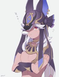 Rule 34 | 1boy, black hat, choker, closed mouth, crossed arms, cyno (genshin impact), dark-skinned male, dark skin, genshin impact, grey background, hair over one eye, hat, highres, homare (g hmr88), long hair, male focus, short sleeves, signature, simple background, sleeping, sleeping with eyes open, solo, upper body, white hair, zzz