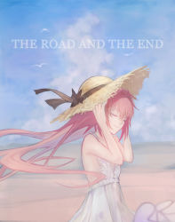 Rule 34 | 1boy, absurdres, astolfo (fate), bird, bow, crossdressing, day, dress, english text, closed eyes, fate/apocrypha, fate (series), hat, highres, long hair, male focus, pink hair, ribbon, robot kiri, seagull, sky, smile, sun hat, sundress, trap, white dress
