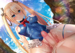 Rule 34 | 1boy, 1girl, adapted costume, bare shoulders, black ribbon, blonde hair, blue eyes, blue one-piece swimsuit, blue sky, blush, book, bottomless, bow, breasts, censored, closed mouth, commentary request, covered navel, day, dead or alive, dutch angle, frills, girl on top, hair between eyes, hair ribbon, highres, large breasts, lens flare, long hair, looking at viewer, marie rose, maze yuri, mosaic censoring, nippleless clothes, nipples, one-piece swimsuit, outdoors, penis, red bow, red neckwear, ribbon, rock, sky, sleeveless, smile, solo focus, sunlight, swimsuit, thigh strap, thighs, twintails, very long hair