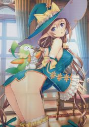 Rule 34 | 1girl, :o, ass, boots, breasts, brown hair, chair, covered erect nipples, crease, detached sleeves, closed eyes, from side, hat, highres, impossible clothes, large breasts, long hair, long sleeves, looking at viewer, low twintails, one eye closed, open mouth, own hands together, pointy ears, purple eyes, rinna mayfield, scan, sega, shining (series), shining resonance, thigh boots, thighhighs, tony taka, twintails, very long hair, wink, witch hat, wooden floor