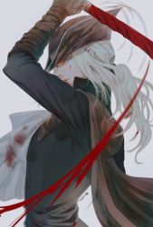 Rule 34 | 1girl, blood, blood stain, bloodborne, blood on clothes, blue eyes, cape, gloves, hat, hat feather, highres, itsuki (itsukiovo), katana, lady maria of the astral clocktower, ponytail, sword, tricorne, weapon, white hair