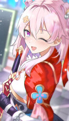Rule 34 | 1girl, absurdres, black gloves, blurry, blurry background, breasts, chinese clothes, commentary, english commentary, fingerless gloves, from side, gloves, hair ornament, hairpin, highres, holding, holding sword, holding weapon, honkai: star rail, honkai (series), march 7th (honkai: star rail), march 7th (hunt) (honkai: star rail), medium breasts, medium hair, official alternate costume, official alternate hairstyle, one eye closed, open mouth, pink eyes, pink hair, pink pupils, shuangyaji, single glove, smile, solo, sword, sysen, upper body, weapon