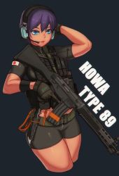 Rule 34 | 1girl, assault rifle, bad id, bad pixiv id, bike shorts, blue eyes, bypos, combat knife, gloves, gun, headset, howa type 89, japanese flag, knife, military, military operator, original, parted lips, purple hair, rifle, short hair, skin tight, solo, trigger discipline, weapon