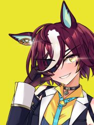 Rule 34 | 1girl, absurdres, animal ears, black gloves, black jacket, blue necktie, brown hair, collared shirt, commentary request, detached sleeves, ear ornament, eyepatch, gloves, grin, hair between eyes, highres, horse ears, horse girl, j12 1122, jacket, long sleeves, looking at viewer, multicolored hair, necktie, pendant choker, shirt, short hair, smile, solo, streaked hair, tanino gimlet (umamusume), textless version, umamusume, white hair, yellow background, yellow eyes, yellow shirt