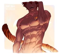 Rule 34 | 1boy, abs, arm at side, arsh (thestarwish), artist name, chest tattoo, collarbone, completely nude, dark-skinned male, dark skin, dated, earrings, facial scar, facing viewer, fangs, glowing, hand up, jewelry, male focus, muscular, nipples, no eyes, nude, open mouth, original, pectorals, red hair, rounded corners, scar, scar on cheek, scar on face, solo, stud earrings, tail, tattoo, tiger boy, tiger tail
