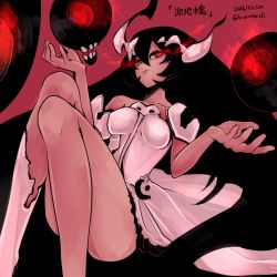 Rule 34 | 10s, 1girl, abyssal ship, anchorage water oni, ass, bad id, bad pixiv id, bare shoulders, black hair, cointreau, dress, enemy aircraft (kancolle), flaming eyes, hands up, highres, horns, kantai collection, long hair, red background, red eyes, sitting, very long hair, white dress, white lady