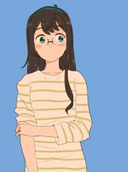 Rule 34 | 10s, 1girl, alternate costume, black hair, blue background, casual, female focus, glasses, green eyes, hairband, holding own arm, jewelry, kantai collection, long hair, ojipon, ooyodo (kancolle), ring, shirt, simple background, solo, striped clothes, striped shirt, upper body, wedding band