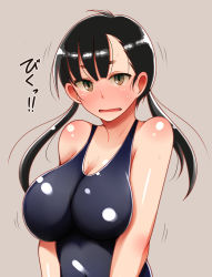 Rule 34 | 1girl, bad id, bad pixiv id, black hair, breasts, brown background, brown eyes, female focus, large breasts, long hair, looking at viewer, low twintails, odoriyama gorou, one-piece swimsuit, original, school swimsuit, simple background, solo, sweat, swimsuit, translated, twintails