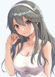 Rule 34 | 1girl, alternate costume, black hair, breasts, brown eyes, camisole, commission, hair ornament, hairband, hairclip, haruna (kancolle), kantai collection, large breasts, long hair, looking at viewer, mitsuyo (mituyo324), simple background, smile, solo, upper body, white background, white camisole, white hairband