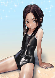 Rule 34 | 1girl, arm support, black hair, black one-piece swimsuit, brown eyes, commentary request, competition school swimsuit, cowboy shot, flat chest, highres, long hair, one-piece swimsuit, original, rohitsuka, school swimsuit, sitting, smile, solo, sparkle background, swimsuit, wet, wet clothes, wet swimsuit