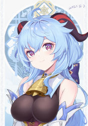 Rule 34 | 1girl, absurdres, ahoge, balloon 79, bare shoulders, bell, blue hair, blush, bow, breasts, dated, detached sleeves, ganyu (genshin impact), genshin impact, highres, horns, long hair, looking at viewer, medium breasts, neck bell, purple eyes, sidelocks, smile, solo, upper body, white sleeves