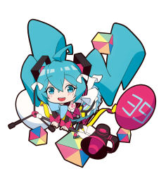 Rule 34 | 1girl, 39, :d, ahoge, bare shoulders, black footwear, black sleeves, blue eyes, blue hair, blue skirt, blush, boots, chibi, commentary request, cube, detached sleeves, fang, frilled skirt, frills, hair between eyes, hair ornament, hair ribbon, hatsune miku, highres, holding, knee boots, long hair, long sleeves, looking at viewer, magical mirai (vocaloid), magical mirai miku, magical mirai miku (2018), megaphone, open mouth, ribbon, simple background, skirt, smile, solo, sunligh mao, twintails, very long hair, vocaloid, white background, white ribbon