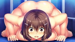 Rule 34 | 1girl, all fours, artist request, ass, breast press, breasts, brown eyes, brown hair, chain, character request, copyright request, game cg, huge breasts, leash, nude, prostration, scared, solo, sweat, tagme