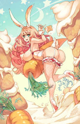 Rule 34 | 1girl, :d, animal ears, artist name, ass, breasts, cake, carrot, carrying, collar, crescent moon, eyebrows, fishnet pantyhose, fishnets, food, food on body, fork, frilled pantyhose, frills, garter straps, green eyes, high heels, highres, junkpuyo, large breasts, leaning forward, long hair, looking at viewer, moon, necktie, no bra, no panties, open mouth, original, pantyhose, pink hair, rabbit ears, rabbit girl, rabbit tail, ribbon-trimmed legwear, ribbon trim, sideboob, smile, solo, star-shaped pupils, star (symbol), symbol-shaped pupils, tail, vegetable, whipped cream, wrist cuffs
