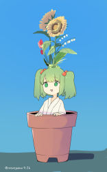 Rule 34 | 1girl, blue background, dated, flower, flower on head, flower pot, grass, green eyes, green hair, hair bobbles, hair ornament, highres, in container, japanese clothes, kisume, lily of the valley, open mouth, razuzyamu, shadow, simple background, solo, sunflower, touhou, triangle mouth, tulip, twintails, twitter username