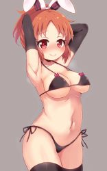 Rule 34 | 10s, 1girl, abe nana, animal ears, armpits, arms behind head, arms up, bikini, black bikini, black gloves, black ribbon, black thighhighs, blush, bow, breasts, cleavage, closed mouth, commentary request, cowboy shot, elbow gloves, fake animal ears, gloves, grey background, heart, heart-shaped pupils, idolmaster, idolmaster cinderella girls, long hair, looking at viewer, medium breasts, navel, orange hair, parted bangs, pink bow, ponytail, rabbit ears, raised eyebrows, red eyes, renoa yu, ribbon, side-tie bikini bottom, simple background, smile, solo, standing, stomach, strap gap, string bikini, swimsuit, symbol-shaped pupils, tareme, thighhighs, thighs