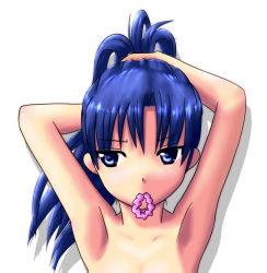 Rule 34 | 1girl, armpits, arms up, blue eyes, blue hair, clearite, idolmaster, idolmaster (classic), kisaragi chihaya, long hair, matching hair/eyes, mouth hold, nude, simple background, solo, white background