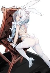 Rule 34 | + +, 1girl, ahoge, animal ears, ass, azur lane, blue eyes, blush, braid, braided ponytail, chair, criss-cross back-straps, dress, fake animal ears, fake tail, flower, foot out of frame, from behind, from side, hair flower, hair ornament, hair over shoulder, high heels, le malin (azur lane), le malin (listless lapin) (azur lane), leaning on object, long hair, looking at viewer, open mouth, pantyhose, rabbit ears, rabbit tail, sidelocks, sleeveless, sleeveless dress, solo, tail, thigh strap, white dress, white flower, white footwear, white hair, white pantyhose, white wrist cuffs, wrist cuffs, yorurui sansan
