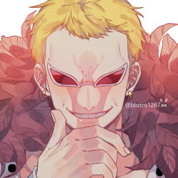 Rule 34 | 1boy, artist name, bbzico1267, blonde hair, coat, coat on shoulders, commentary, donquixote doflamingo, earrings, evil smile, feather coat, jewelry, male focus, one piece, red-tinted eyewear, short hair, signature, simple background, smile, solo, sunglasses, teeth, tinted eyewear, white background