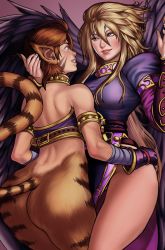 Rule 34 | 2girls, animal ears, ass, blonde hair, blue eyes, blush, bottomless, bra, bracelet, bracer, breasts, breath of fire, breath of fire ii, capcom, cat ears, cat girl, cat tail, choker, closed mouth, couple, dress, eye contact, facial mark, facing another, female focus, fingerless gloves, friends, fur, gloves, green eyes, hand in another&#039;s hair, hand on another&#039;s head, hand on another&#039;s hip, happy, hardstones mcflintcock, highres, hug, jewelry, long hair, looking at another, medium breasts, multiple girls, nina (breath of fire ii), parted lips, purple dress, purple wings, red hair, rinpoo chuan, short hair, smile, spiked hair, standing, tail, teeth, tiger stripes, tiger tail, underwear, wings, yuri