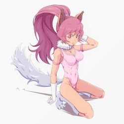 Rule 34 | 1girl, animal ears, animal hands, breasts, cat ears, cat tail, cleavage cutout, clothing cutout, full body, highres, kaien advance, leotard, long hair, looking at viewer, medium breasts, open mouth, perisie (star ocean), pink eyes, pink hair, ponytail, simple background, smile, solo, star ocean, star ocean first departure, tail