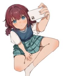 Rule 34 | 1girl, blue eyes, blue skirt, blue sweater vest, blush, cellphone, closed mouth, commentary, girls band cry, hashtag-only commentary, highres, holding, holding phone, iseri nina, low twintails, milktea (gggrrr2000), no shoes, phone, plaid, plaid skirt, selvie (unicorn overlord), shirt, short hair, short sleeves, short twintails, simple background, sitting, skirt, smartphone, socks, solo, sweater vest, twintails, white background, white shirt, white socks