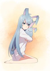 Rule 34 | 1girl, absurdres, angon623, animal ears, azura cecillia, barefoot, blue hair, from side, highres, holding, holding stuffed toy, kemonomimi mode, nijisanji, nijisanji id, rabbit ears, rabbit girl, rabbit tail, shirt, soles, solo, stuffed animal, stuffed rabbit, stuffed toy, tail, v-shaped eyebrows, virtual youtuber, white shirt