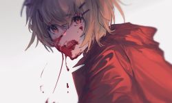 Rule 34 | 1girl, arknights, blonde hair, blood, blood drip, blood on face, blood splatter, blurry, cannibalism, cheonyeon-hi, commentary, food-themed hair ornament, gummy (arknights), guro, hair between eyes, hair ornament, hairclip, implied cannibalism, jacket, looking at viewer, open mouth, red eyes, red jacket, short hair, simple background, solo, spoilers, upper body, white background