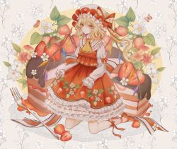Rule 34 | 1girl, animal, ascot, blonde hair, bug, butterfly, cake, closed mouth, collared shirt, crystal, flandre scarlet, flower, food, fork, fruit, hair between eyes, hat, highres, hourai kiriri, insect, long hair, long sleeves, mob cap, red eyes, red skirt, red vest, shirt, side ponytail, skirt, solo, strawberry, touhou, vest, white flower, white hat, white shirt, wings, yellow ascot
