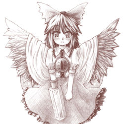 Rule 34 | 1girl, arm cannon, arms at sides, bird wings, blouse, blush, bow, cape, clenched hand, eyelashes, frown, graphite (medium), greyscale, hair bow, long hair, looking at viewer, monochrome, puffy short sleeves, puffy sleeves, reiuji utsuho, shirt, short sleeves, skirt, solo, third eye, touhou, traditional media, weapon, wings, yuran (kuen-hien)