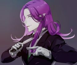 Rule 34 | 1boy, alternate costume, bishounen, bow, bowtie, colored skin, commentary request, curly hair, cutting hair, fate/grand order, fate (series), formal, gloves, holding, holding scissors, male focus, medium hair, mephistopheles (fate), mephistopheles (formal dress) (fate), pointy ears, purple eyes, purple hair, scissors, simple background, smile, suit, thick eyebrows, white skin, yukino (stardust)