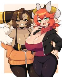 Rule 34 | 2girls, absurdres, animal ears, black pants, breasts, brown hair, cleavage, cow ears, curvy, daigada, draph, earrings, fur trim, green eyes, hand around waist, hand on own hip, highres, horn ornament, horn ring, horns, jacket, jewelry, large breasts, mole, mole on breast, multicolored hair, multiple girls, neckerchief, open clothes, open jacket, open mouth, orange hair, original, pants, pointy ears, short hair, simple background, smile, sports bra, streaked hair