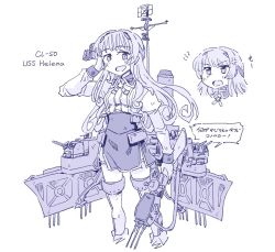 Rule 34 | 1girl, anger vein, armor, blunt bangs, boots, breastplate, breasts, browning auto 5, collared shirt, corset, english text, frown, greyscale, gun, hand in own hair, headgear, helena (kancolle), helena kai (kancolle), high-waist skirt, holding, holding gun, holding weapon, jura cambri, kantai collection, long hair, long sleeves, looking at viewer, military, military uniform, monochrome, neck ribbon, open mouth, pin, ribbon, rigging, shirt, skirt, solo, star (symbol), thighhighs, turret, uniform, weapon