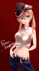 Rule 34 | 10s, 1girl, blonde hair, blush, breasts, character name, cleavage cutout, clothing cutout, contrapposto, cowboy shot, earrings, gradient background, green eyes, groin, hat, heart, heart earrings, highres, jewelry, kantai collection, long hair, looking at viewer, low twintails, meme attire, midriff, miwano rag, mouth hold, navel, no bra, no panties, open-chest sweater, open fly, pants, peaked cap, prinz eugen (kancolle), ragu (myan nyan), red background, ribbed sweater, sleeveless, sleeveless turtleneck, solo, standing, sweater, turtleneck, twintails
