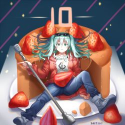 Rule 34 | 1girl, aqua eyes, asagi jin, black-framed eyewear, black bra, blue pants, bra, bra strap, cake, closed mouth, commentary request, dated, denim, earrings, eyewear on head, food, fruit, hair between eyes, hatsune miku, holding, holding microphone stand, in food, jacket, jeans, jewelry, long hair, long sleeves, looking at viewer, microphone, microphone stand, mini person, minigirl, open clothes, open jacket, pants, plate, sitting, solo, strawberry, suna no wakusei (vocaloid), sunglasses, underwear, vocaloid