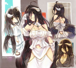 Rule 34 | 1girl, ahoge, albedo (overlord), alternate costume, black hair, black wings, breasts, child, cleavage, commentary request, demon girl, demon horns, demon wings, dress, feathered wings, feathers, gloves, hair between eyes, highres, hip vent, horns, large breasts, long hair, looking at viewer, low wings, multiple views, overlord (maruyama), slit pupils, user xgpy8228, white dress, white gloves, wings, yellow eyes, aged down