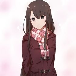 Rule 34 | 1girl, arms behind back, blunt bangs, blush, bright pupils, brown eyes, brown hair, checkered clothes, checkered scarf, closed mouth, coat, commentary, duffel coat, expressionless, fringe trim, katou megumi, long hair, looking at viewer, original, pink background, pink scarf, pocket, red coat, saenai heroine no sodatekata, scarf, sidelocks, simple background, smile, solo, upper body, xiujia yihuizi