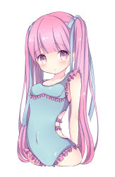 Rule 34 | 1girl, absurdres, arms behind back, blue one-piece swimsuit, blunt bangs, covered navel, head tilt, highres, long hair, one-piece swimsuit, original, pink eyes, pink hair, ribbon, saya7, simple background, solo, swimsuit, twintails, upper body, very long hair, white background