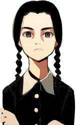 Rule 34 | 1girl, addams family, animification, braid, child, expressionless, face, highres, lips, simple background, solo, sorethroat, twin braids, wednesday addams, white background