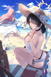 Rule 34 | 3girls, ahoge, bare arms, bare legs, bare shoulders, beach, black choker, black hair, blue archive, braid, breasts, choker, cleavage, commission, day, halo, hanako (blue archive), hanako (swimsuit) (blue archive), hat, highres, hinata (blue archive), hinata (swimsuit) (blue archive), koharu (blue archive), koharu (swimsuit) (blue archive), large breasts, long hair, low twintails, multiple girls, ocean, official alternate costume, one-piece swimsuit, outdoors, pink hair, pink halo, pixiv commission, shirt, single braid, siro joon, sitting, straw hat, swimsuit, twintails, v, white one-piece swimsuit, white shirt, yellow halo